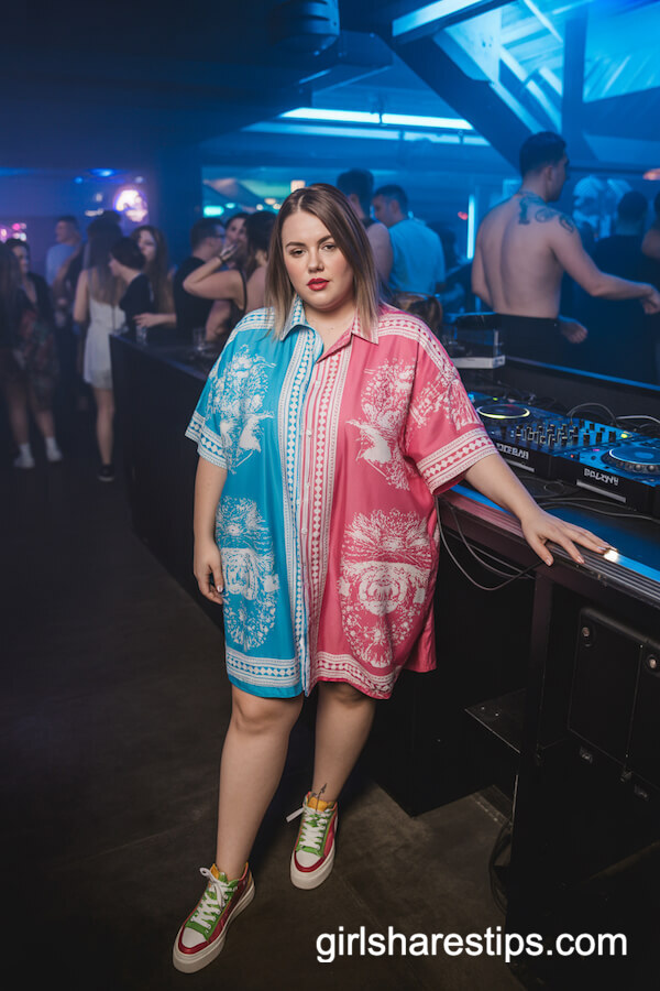 Oversized Patterned Shirt Dress with Colorful Low-Top Sneakers
