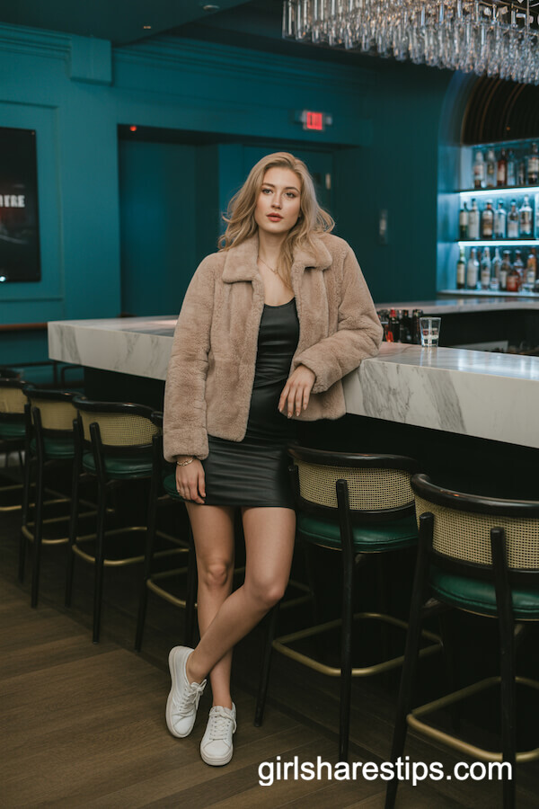 Beige Faux Fur Jacket & Black Bodycon Dress with White Sneakers