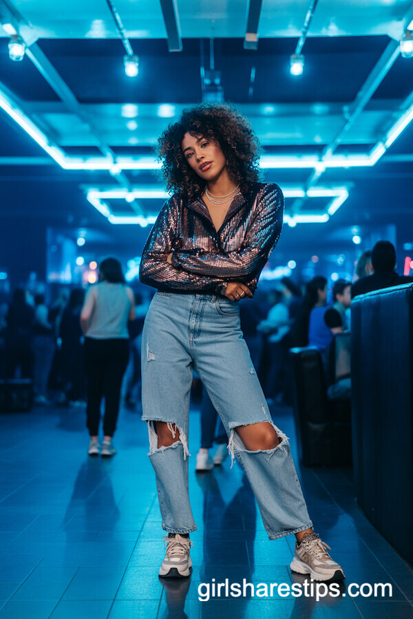 Sparkly Sequin Top Ripped Jeans with Chunky Sneakers
