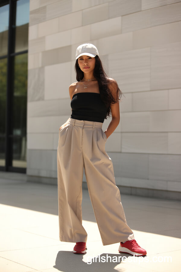 Strapless Black Top Wide-Leg Trousers with Red Statement Sneakers