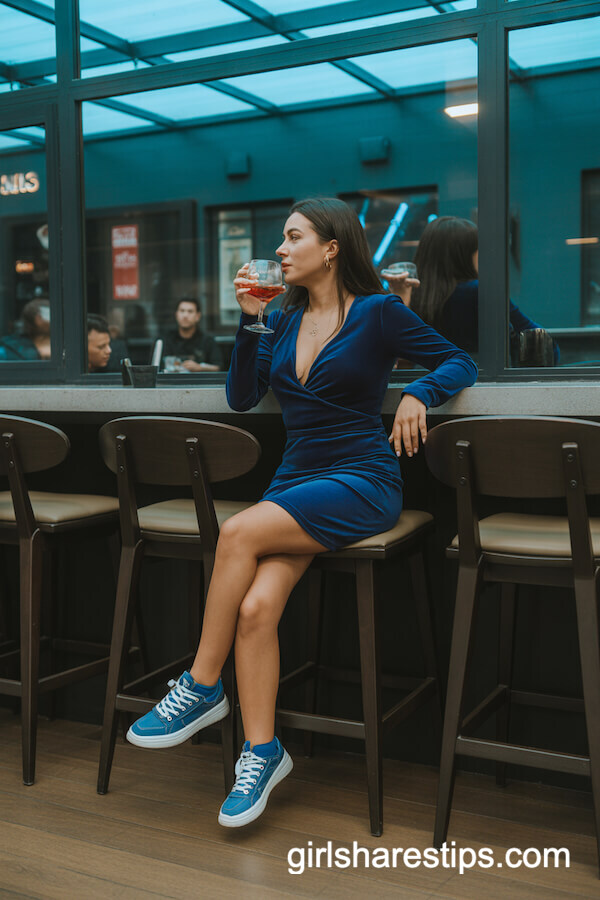 Deep Blue Velvet Mini Dress with Matching Blue Sneakers