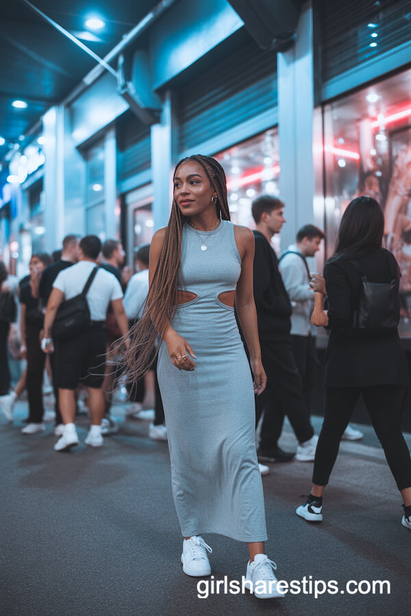 Sleeveless Grey Maxi Dress with Side Cutouts and White Sneakers