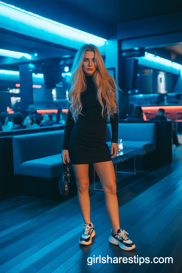 Short Fitted Black Dress with Chunky Black-and-White Sneakers