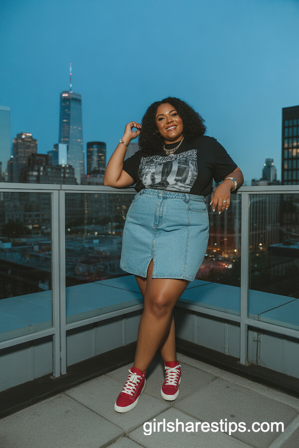Chic Denim Mini Skirt & Graphic Tee with Bold Red High-Top Sneakers