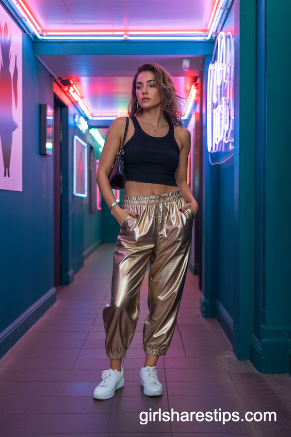 Shiny Gold Metallic Pants Cropped Black Tank with White Sneakers