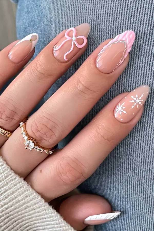 Pink Bow And Snowflake Nude Christmas Nails