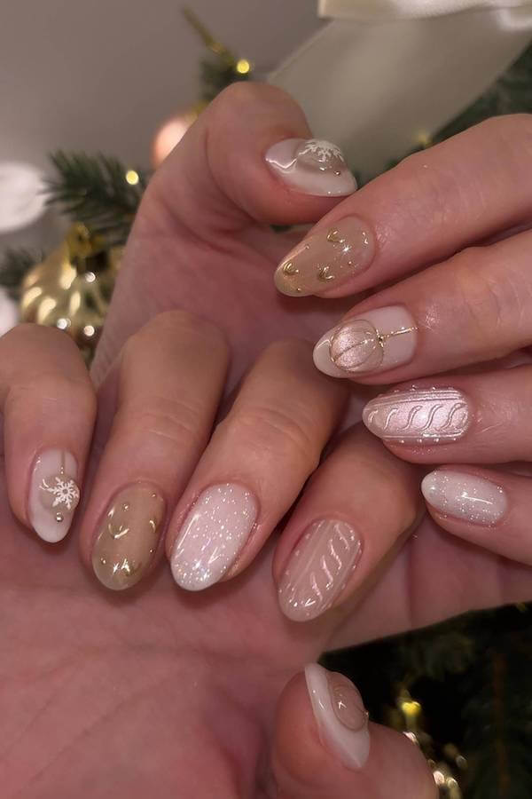Sheer Nude Sweater And Ornament Nail Art