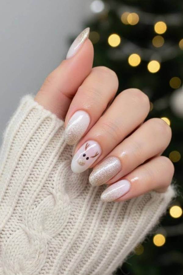 Nude And Gold Christmas Reindeer Nails