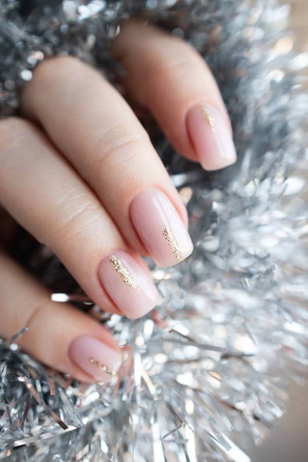 Simple Nude Nails With Gold Glitter Stripes