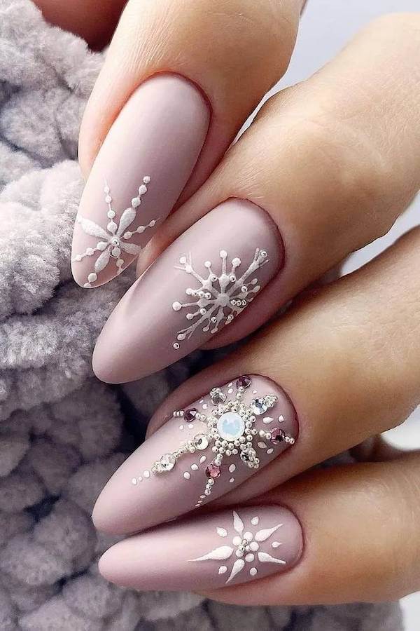 Matte Nude Snowflake And Gem Nails
