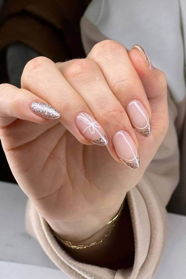 Nude French Tips With Festive Ribbon Design