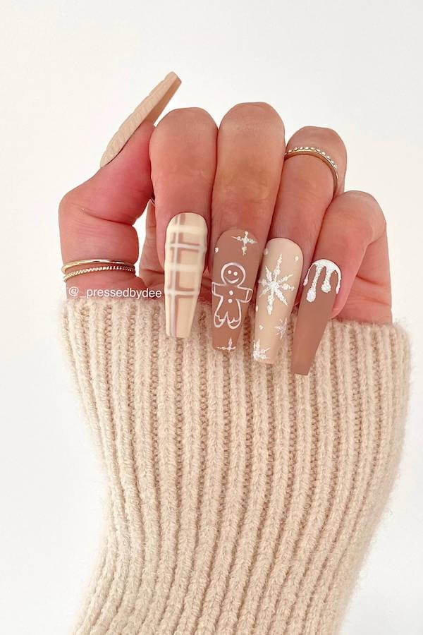 Matte Nude Christmas Nails With Gingerbread And Plaid