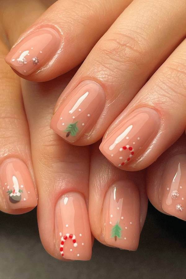 Nude Nails With Mini Candy Canes And Christmas Tree Art