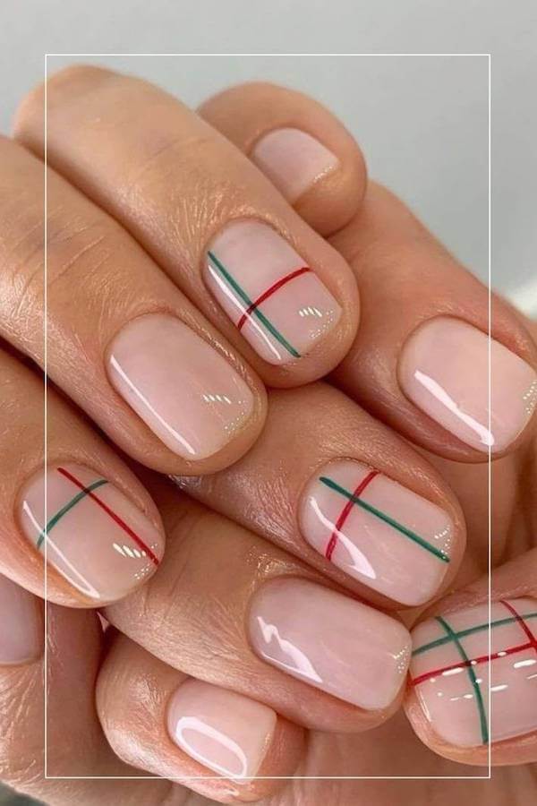 Simple Nude Nails With Christmas Plaid Lines