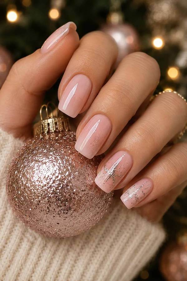 Nude Nails With Silver Glitter Accents
