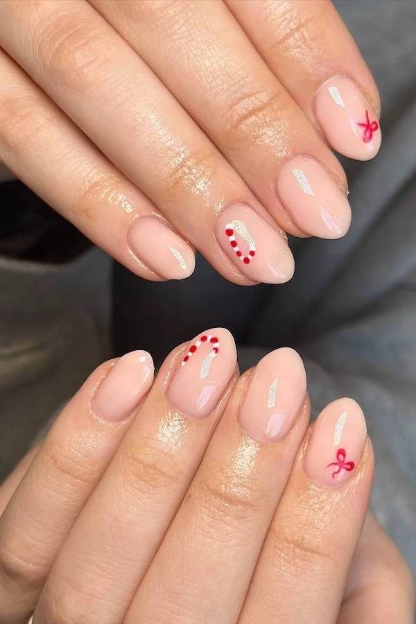 Nude Nails With Red Dots And Bows