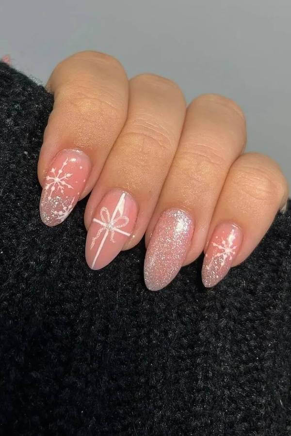 Nude Nails With Snowflakes And Gift Bows