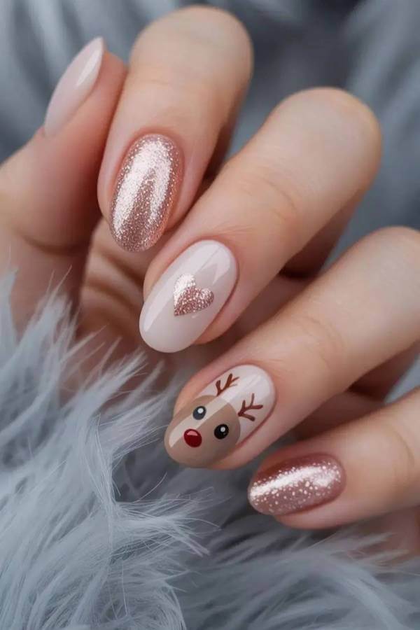 Nude Reindeer And Glitter Heart Nails