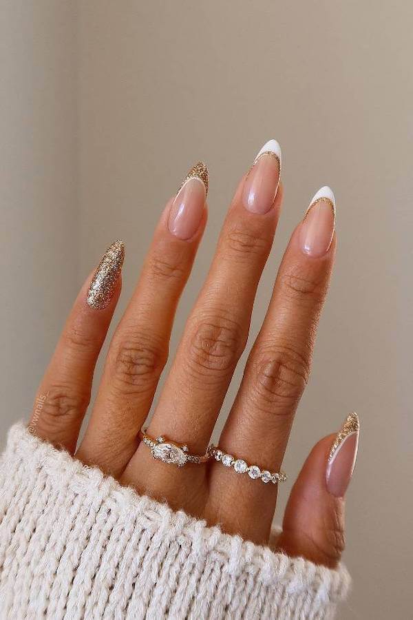 Nude French Tips With Gold Glitter