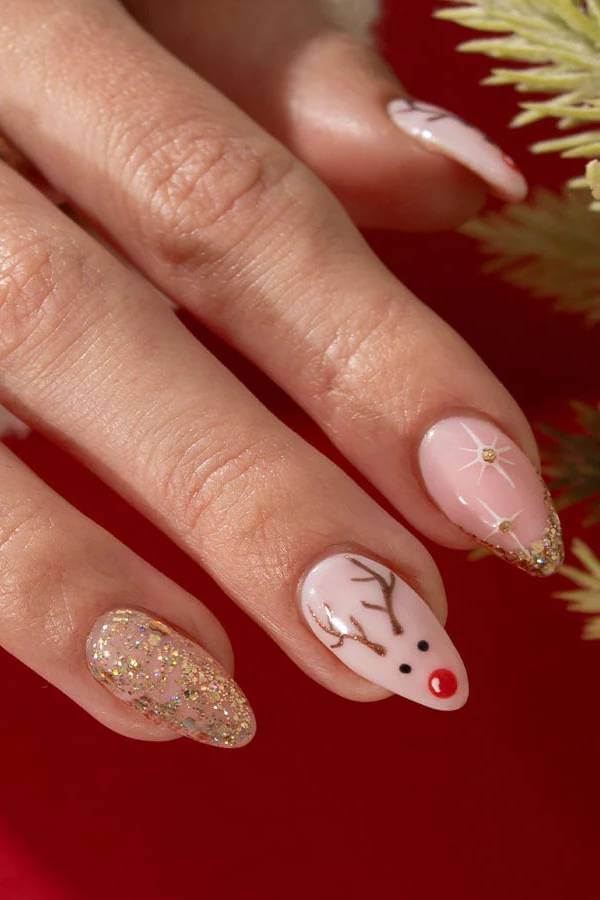 Nude Rudolph Reindeer Christmas Nails