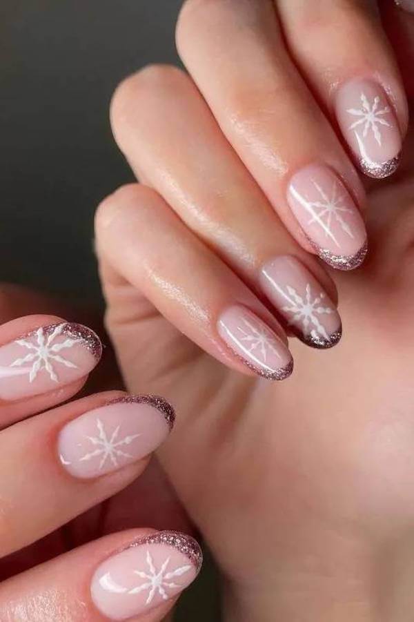 Nude Snowflake And Glitter Christmas Nails