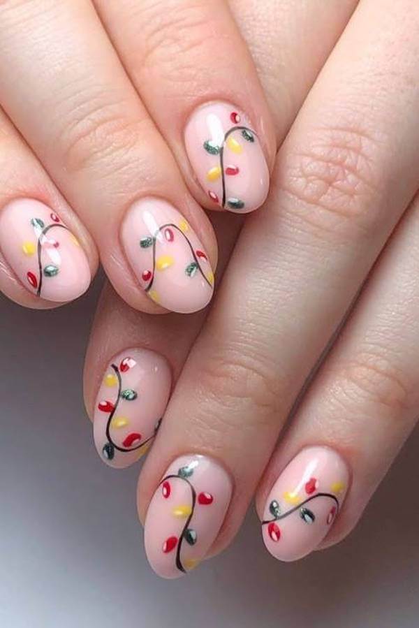 Christmas Lights Nude Nails