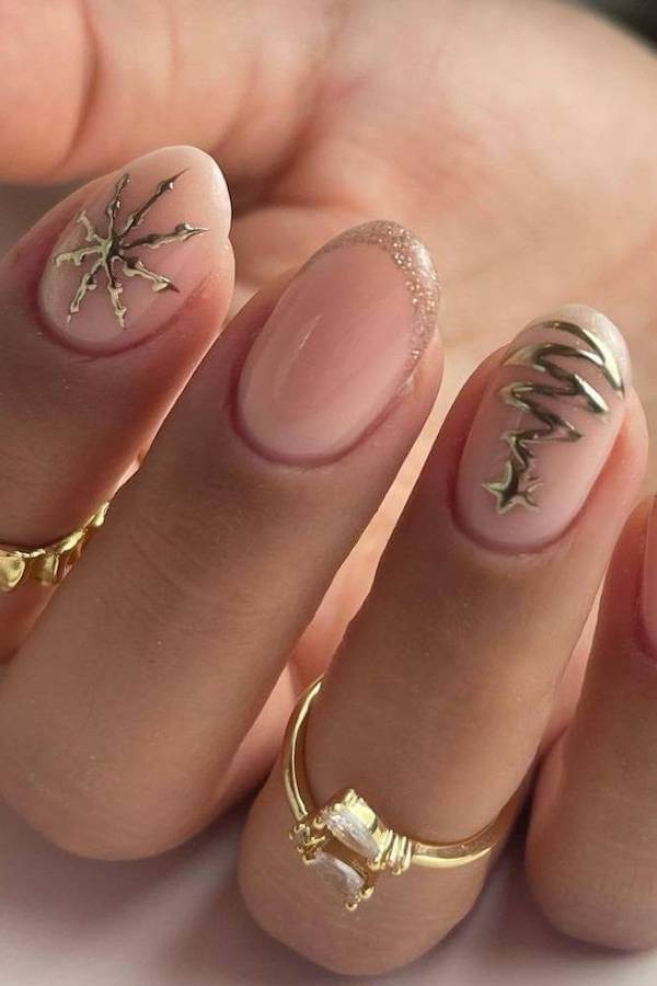 Gold Snowflake And Christmas Tree Nude Nails