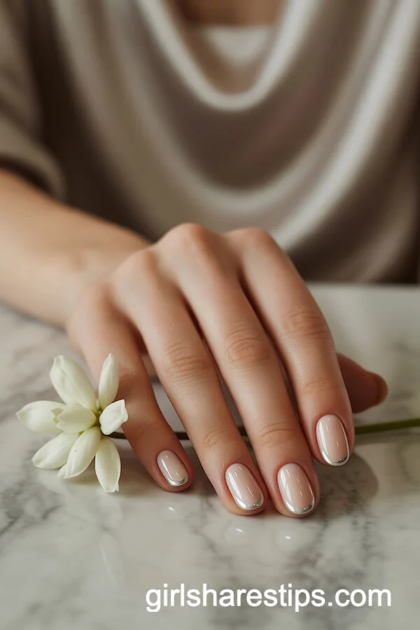Nude Chrome French Tips with Metallic Silver Micro Accents