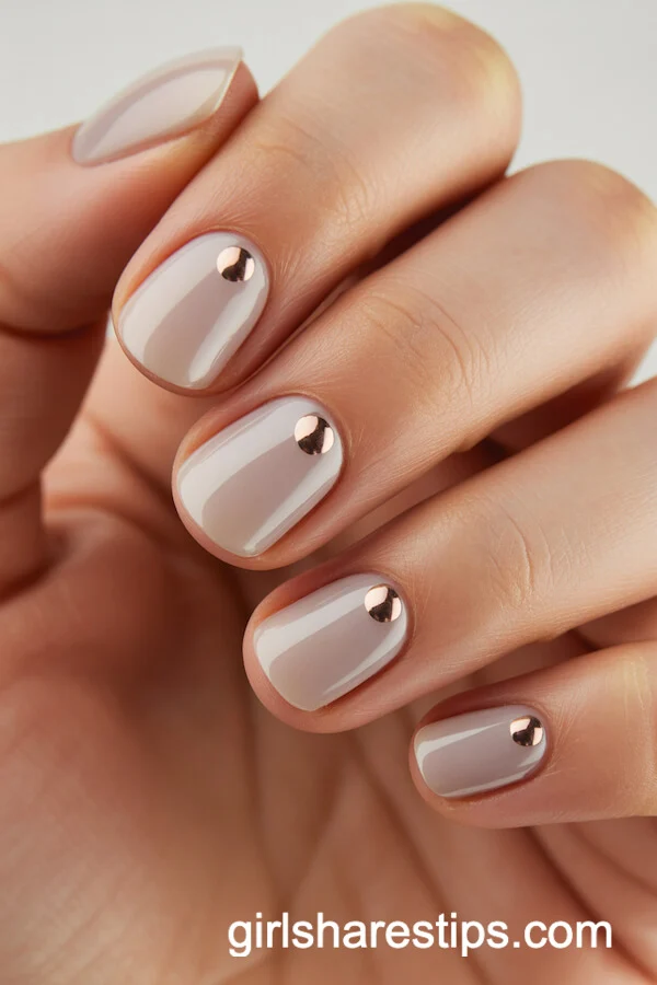 Cool Nude Chrome Nails with Minimal Metallic Chrome Dots