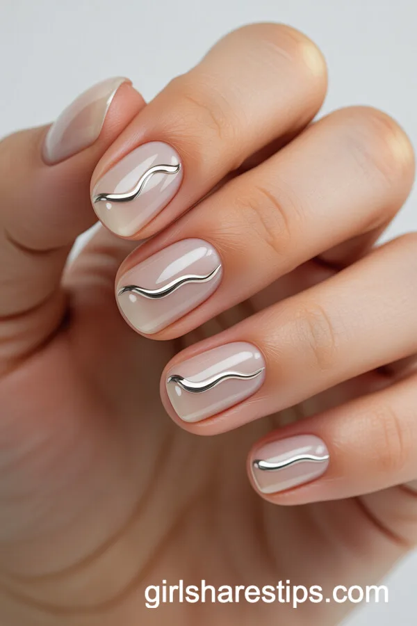 Nude Chrome Nails with Elegant Silver Wavy Accents