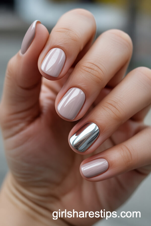 Chrome Nude Manicure with a Contrasting Silver Accent Nail