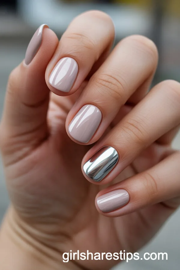 Chrome Nude Manicure with a Contrasting Silver Accent Nail