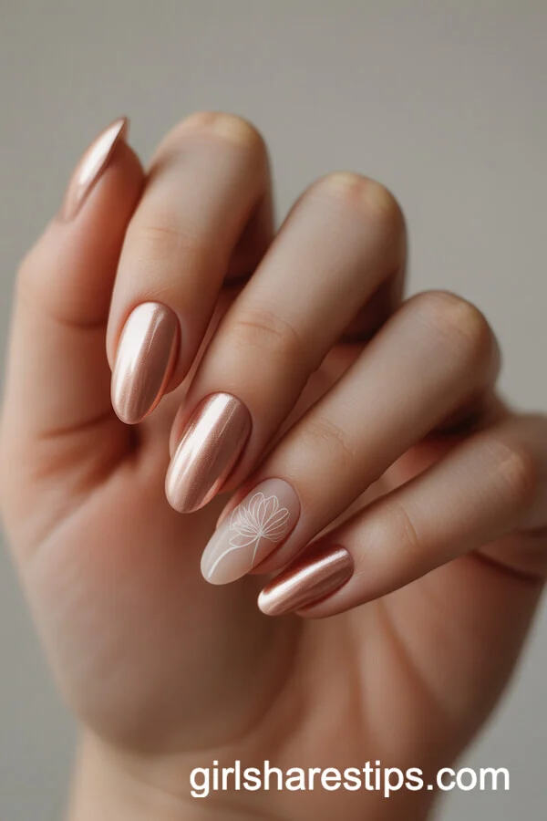 Nude Rose Chrome Oval Nails with Delicate White Floral Accent
