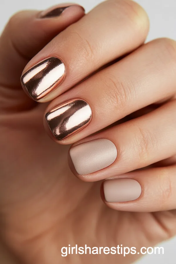 Ultra-Shiny Latte Nude Chrome Nails with Matte Velvet Accent