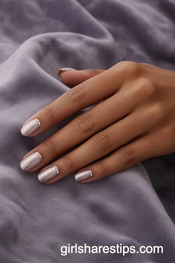 Subtle Nude Chrome Squoval Nails with Rhinestone Details