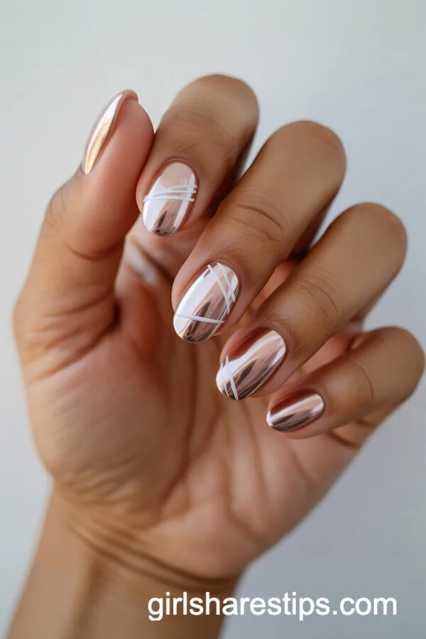 Nude Chrome Oval Nails with Geometric White Line Art
