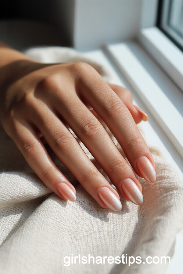 Peach Nude Chrome Almond Nails with Soft Ombre Tips
