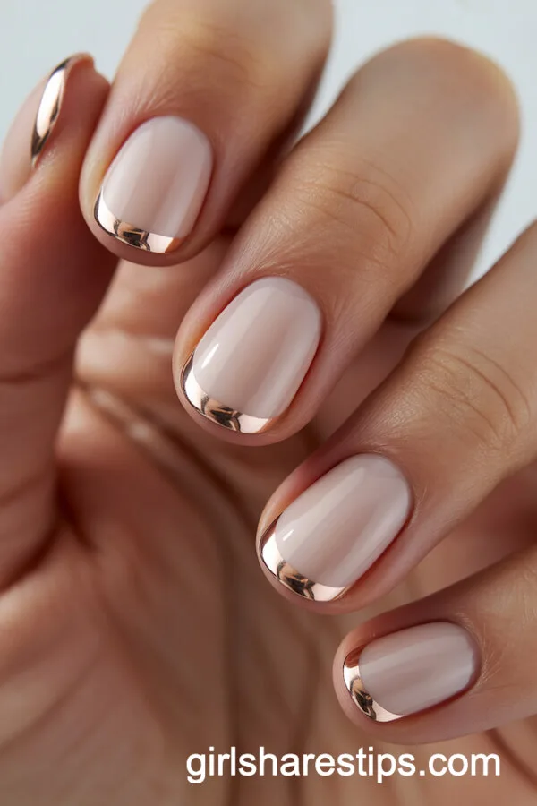 Natural Nude Nails with Ultra-Thin Rose Gold Chrome Tips