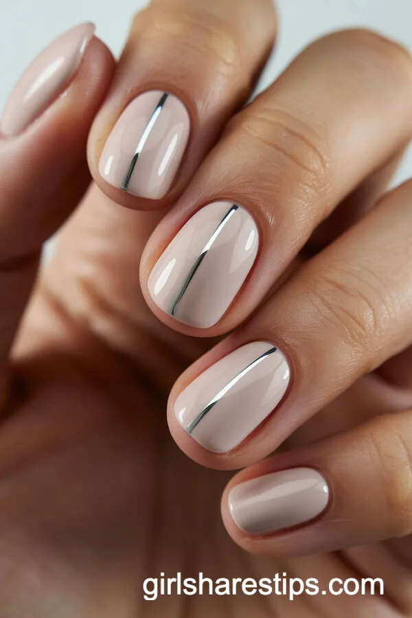 Matte Nude Nails with Razor-Thin Vertical Nude Chrome Stripes