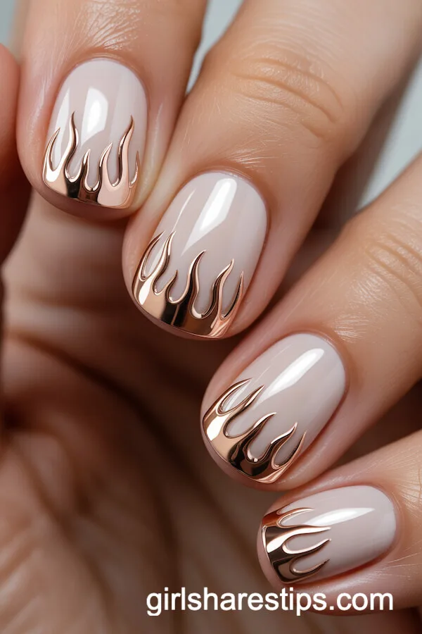 Nude Chrome Nails with Intricate Rose Gold Flame Tips