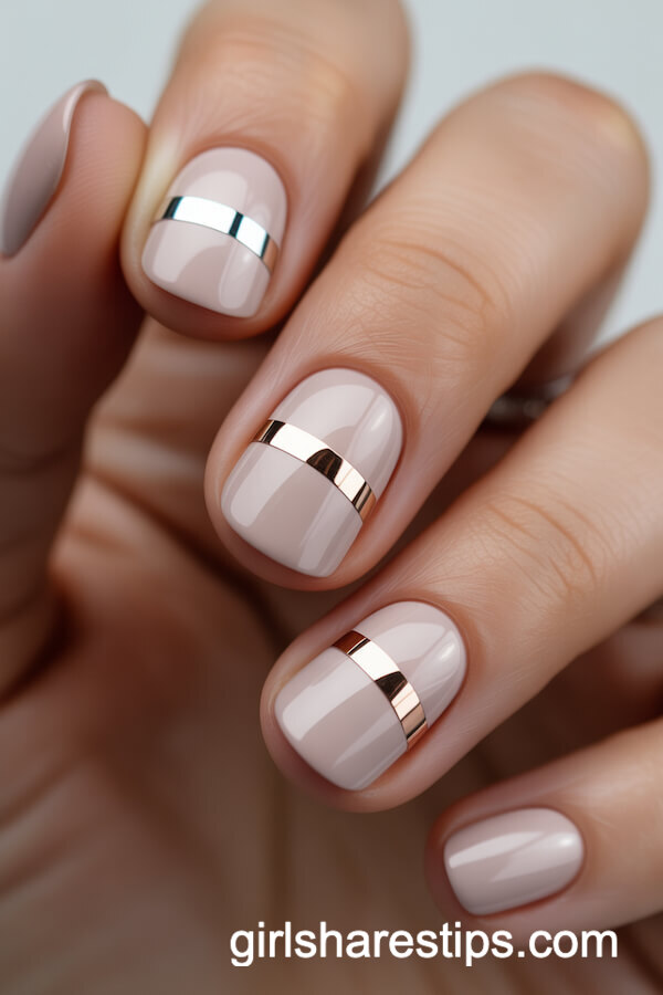 Minimal Nude Nails with Ultra-Thin Chrome Horizontal Stripes