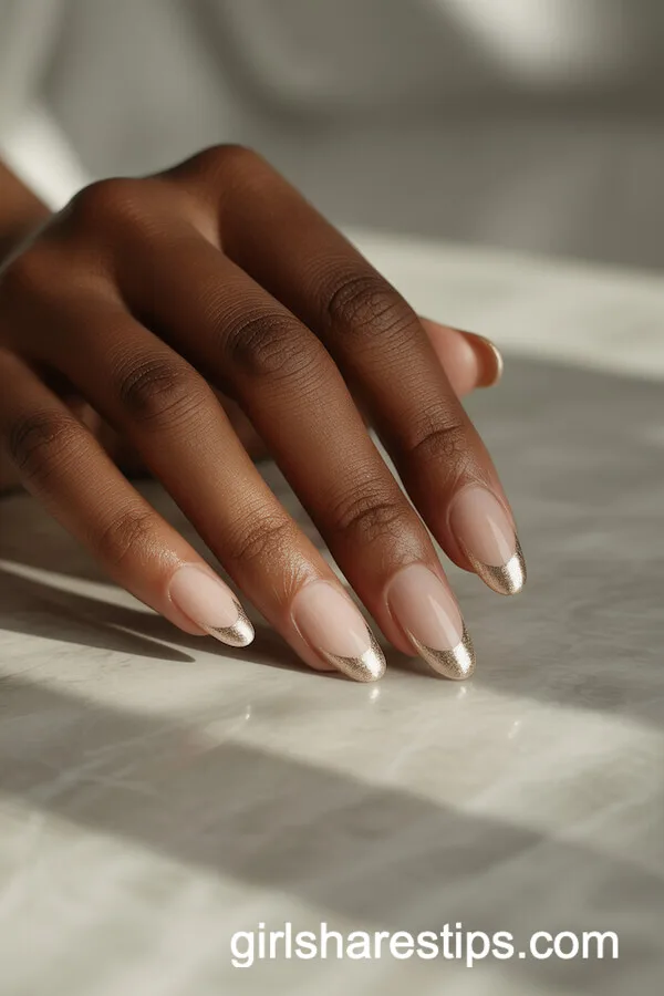 Pale Nude Chrome Oval Nails with Fine Gold Chrome Tips