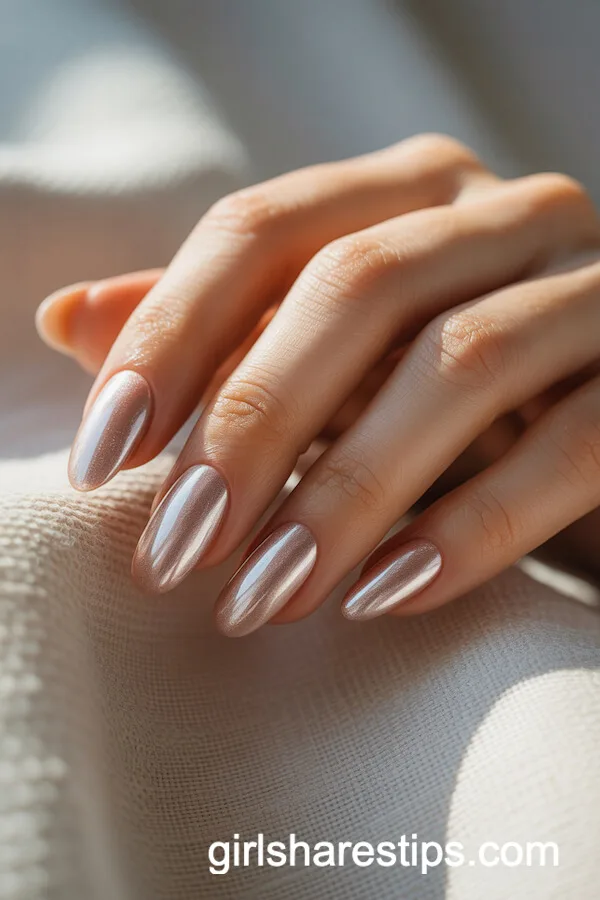 Glossy Nude Chrome Almond Nails with a Reflective Finish