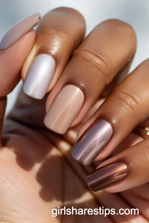 Gradient Nude Chrome Ballerina Nails in Varied Tones