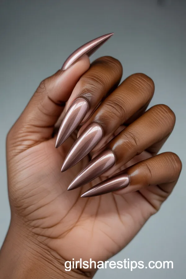 Brown Nude Chrome Stiletto Nails for Deep Skin Tones