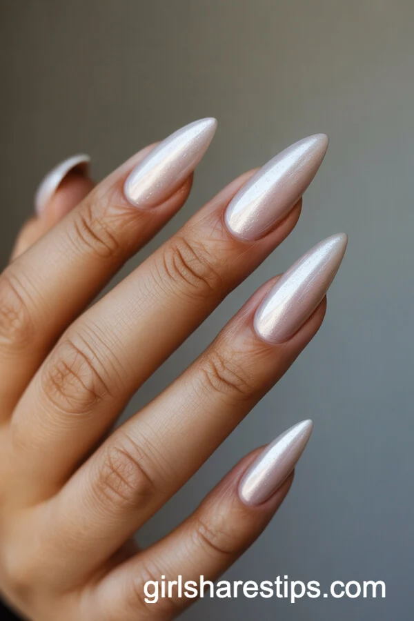 Milky Nude Chrome Stiletto Nails with Glass-Like Shine