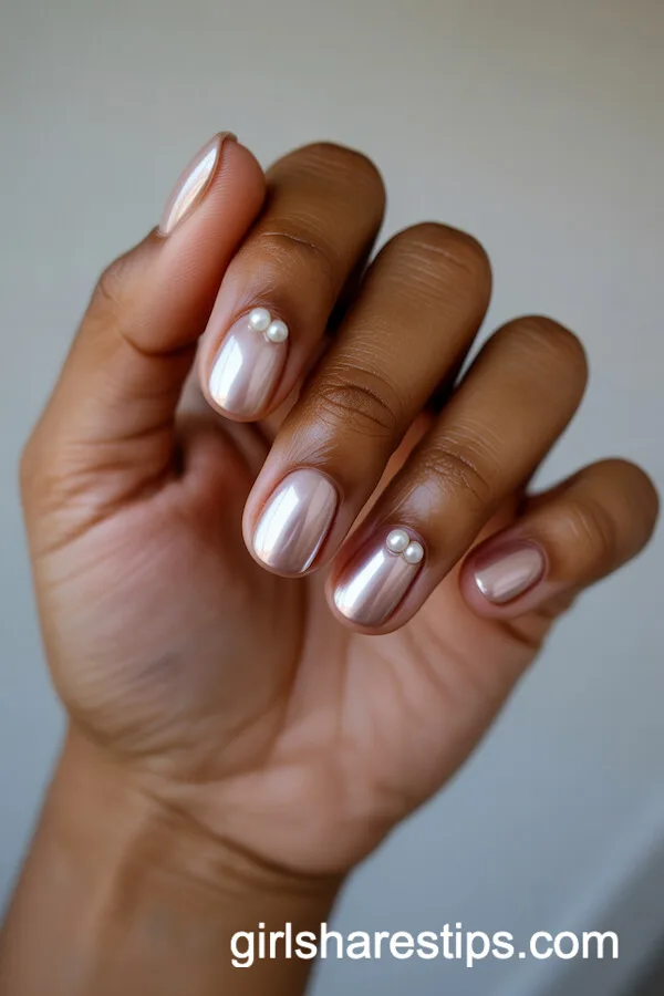Nude Chrome Round Nails with Tiny White Pearl Accents