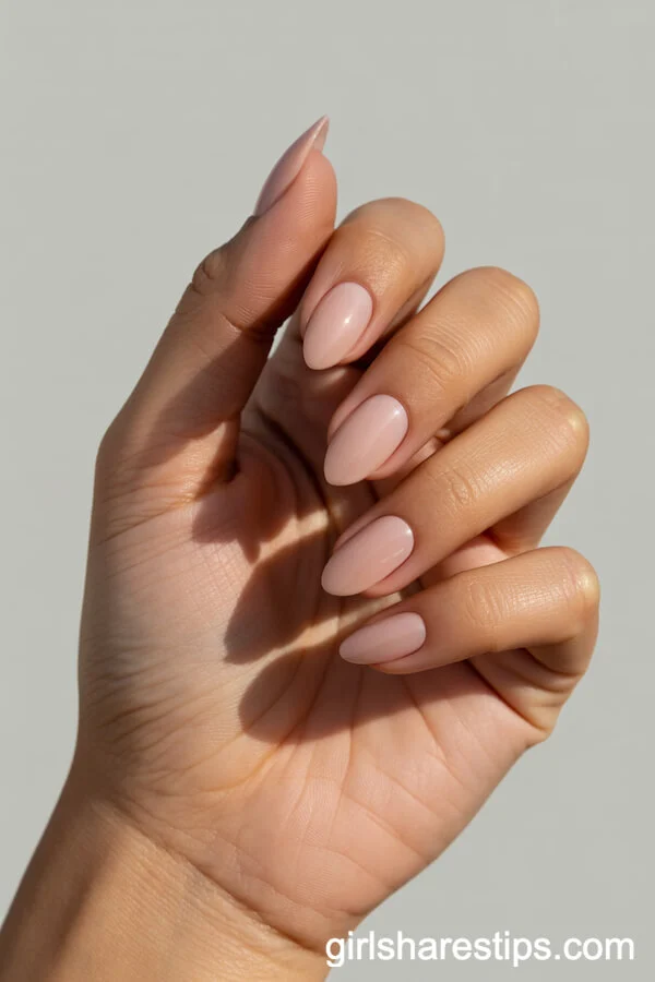 Soft Pink Almond Nude Nails in Natural Light