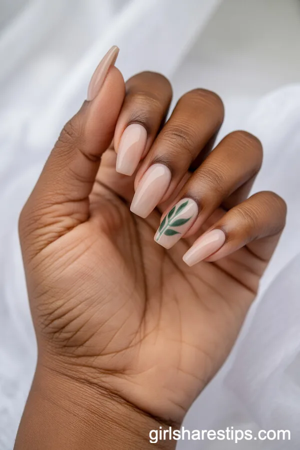 Coffin Nude Nails with Green Leaf Accents