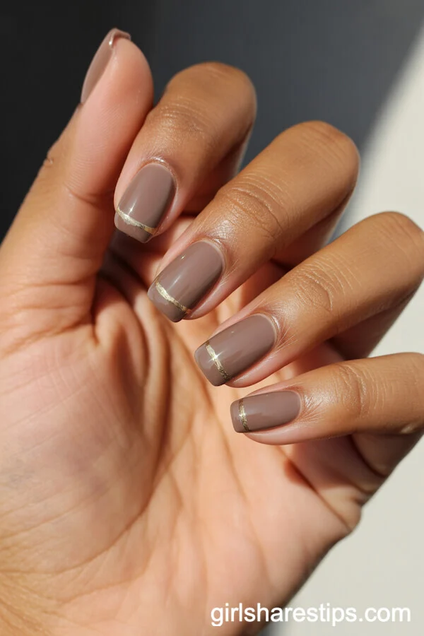 Square Taupe Nude Nails with Metallic Gold Stripe